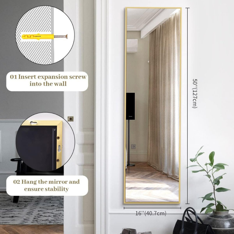 16" X 50" Adjustable Height Over The Door Full Length Mirror, Hanging Mirror With Shatterproof Tempered Glass And Aluminum Alloy Frame For Bedroom, Bathroom, Dorm, Or Living Room, Gold