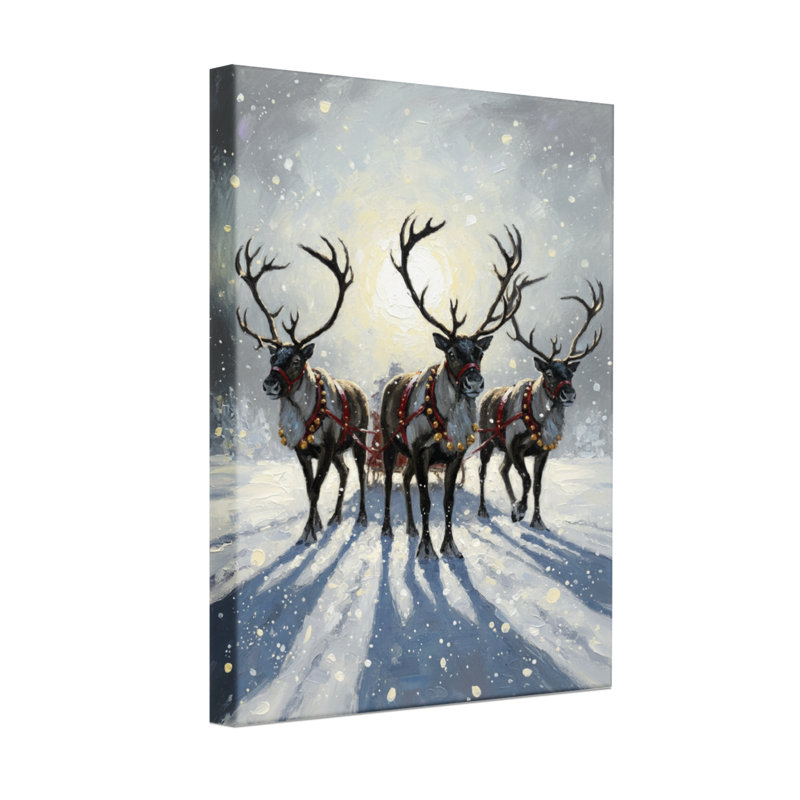 «Christmas Reindeer Team In Snowy Winter Landscape», ensemble de 3 impressions d'art sur toile, H 30 po x l 20 po