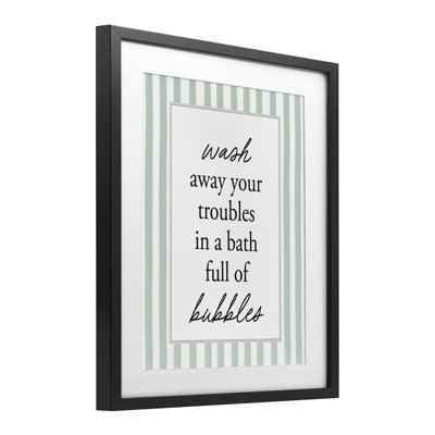 Bubble Bath Phrase on Stripes Framed Print Under Glass, design by Lettered and Lined