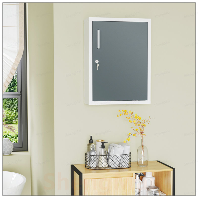 Armoire à pharmacie de salle de bain avec tablettes à l'intérieur et sur la porte, verrouillable pour la sécurité des enfants et des animaux de compagnie, rangement mural pour premiers soins