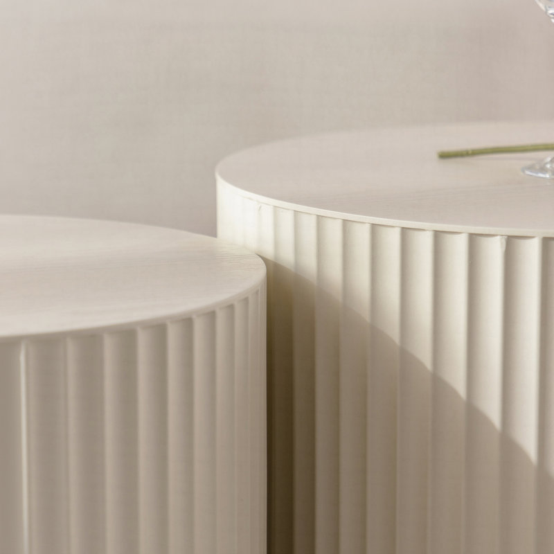 Beige Nesting Coffee Table Set of 2 Modern Drum Side Table End Table Wave Stripe Round Coffee Table for Living Room