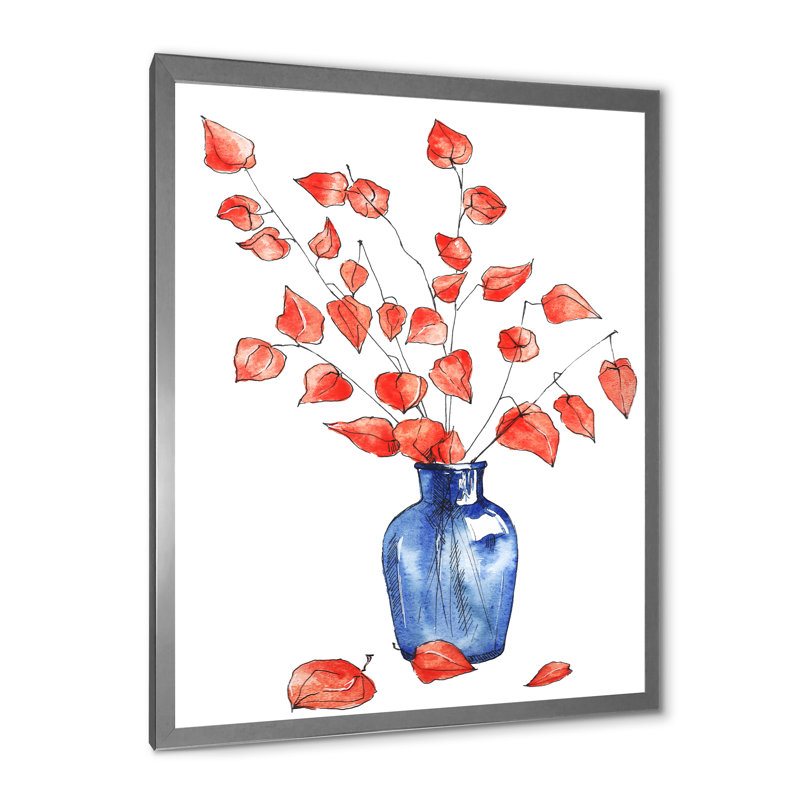 Automne, nature morte avec vase bleu, fleurs orange - peinture sur toile, H 32 po x l 24 po