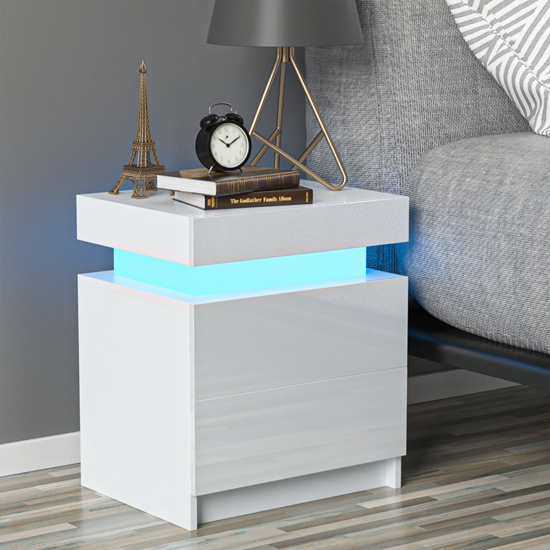 Acree 2 - Drawer Nightstand with Multifunctional LED Lights, White
