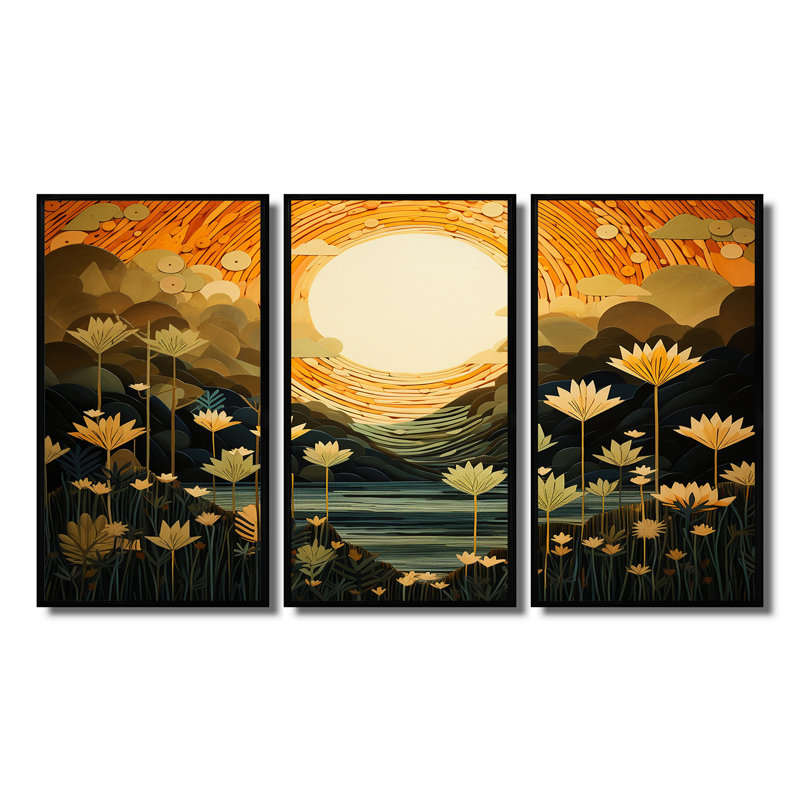 «Spring Flowers Full Moon Lake - Wildflowers», ensemble d'art mural, Cadre flottant noir, H 40 po x l 60 po x P 1 po