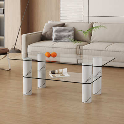 Table basse moderne en verre trempé transparent à double couche avec colonnes décoratives en panneau de fibres à densité moyenne blanc
