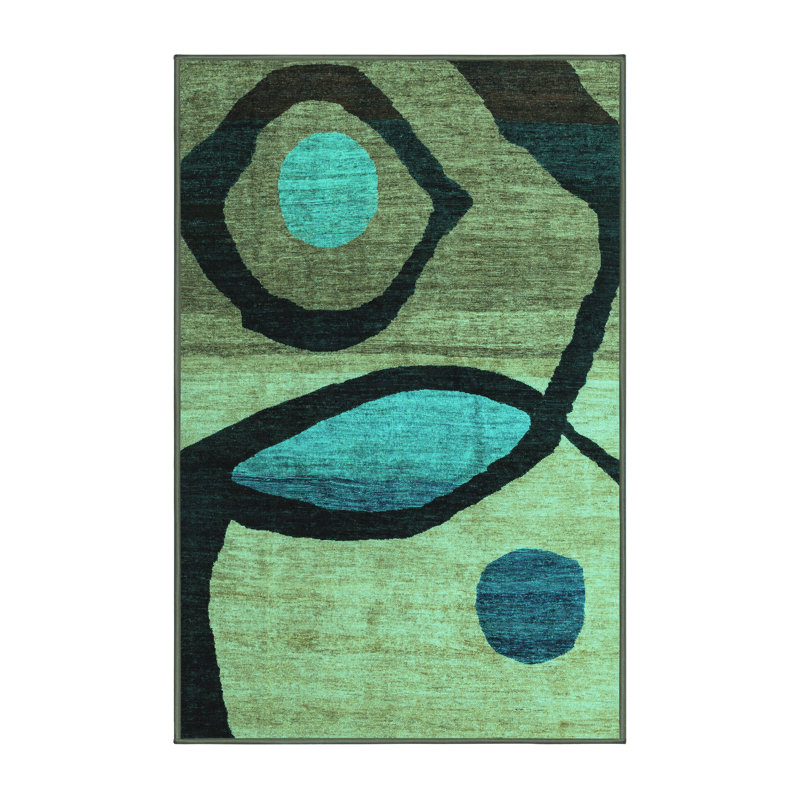 Tapis abstrait en laine / polyester tissé à la machine Anastasius - turquoise / bleu / noir, Rectangle 3 pi x 5 pi