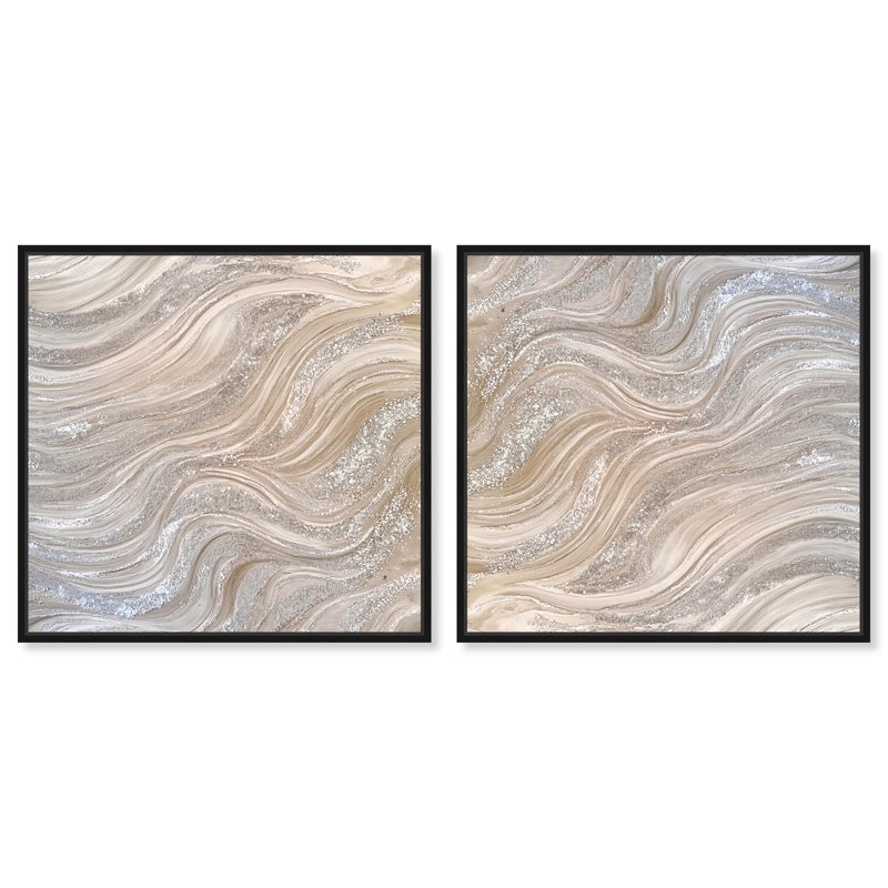 «Silver Waves I Set Canvas Modern Boho» par Art Remedy, H 13 po x l 13 po, Cadre noir