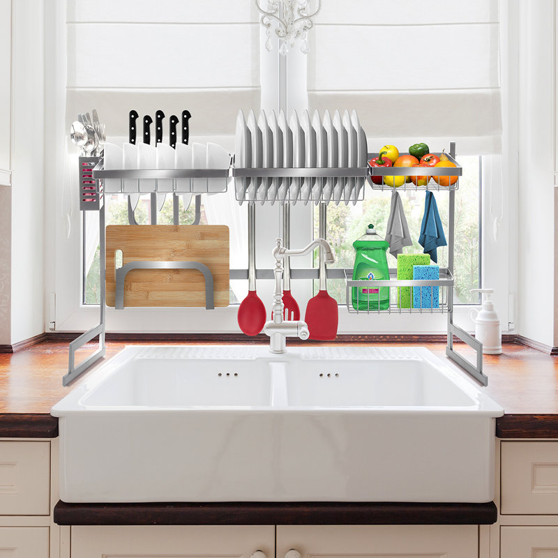 Silver Steel Over-The-Sink Dish Drying Rack with Utensil Cup