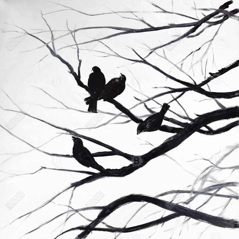 Birds and branches silhouette - 16"x16" Outdoors Throw pillow - Spun poly - Print on demand