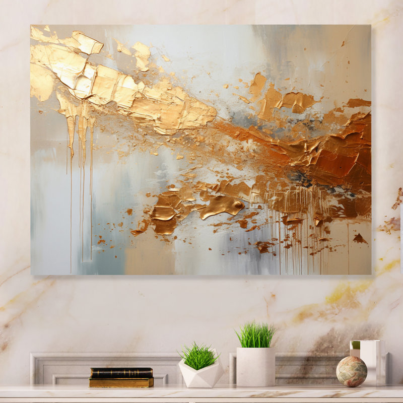 Golden Gleam II - abstrait collage mural en métal, salon, H 16 po x l 32 po