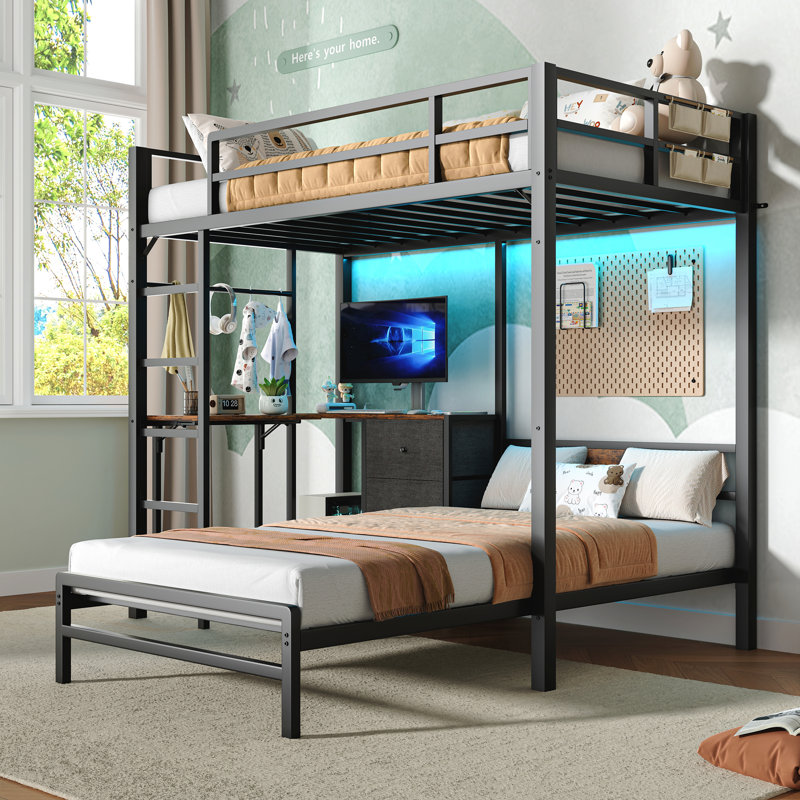 Lit superposé avec table pliante, 3 tiroirs de rangement, en métal, pouvant accueillir un lit simple, équipé de lumières DEL et de stations de charge, lit superposé avec garde-corps et échelle, peu encombrant, noir.