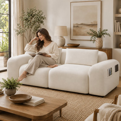 92" Modern Low-Profile Flannel Sofa with Deep Seats, Supportive Foam Cushions, Rounded Arms, Side Pocket & Matching Pillows