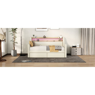 Upholstered Beige Twin Daybed With Storage Space, Led And Charging Function Execution Drawer Charging, Lights For A Peaceful Relaxing Night
