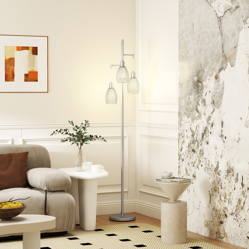 Lampe sur pied industrielle avec 3 abat-jours suspendus en fil métallique pour le salon, Argent argent