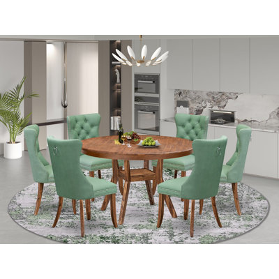 7-piece Dining Set consists of a wood table and 6 Light Beige Polyester Fabric Kitchen chair with Button Tufted Back - Sand Blasted Black