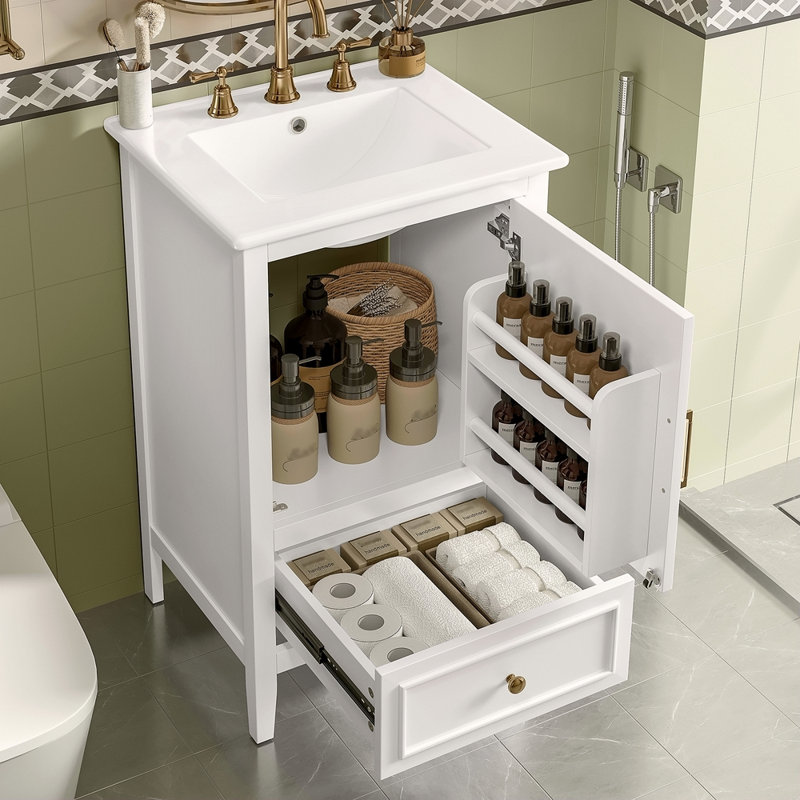 Meuble-lavabo de 20 po avec lavabo, armoire de salle de bain avec porte, tablette de porte et patins réglables, tiroir, Blanc