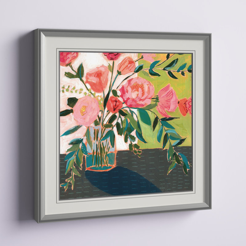 «Quirky Bouquet I», peinture, H 16 po x l 16 po x P 1,5 po, Encadrement argenté