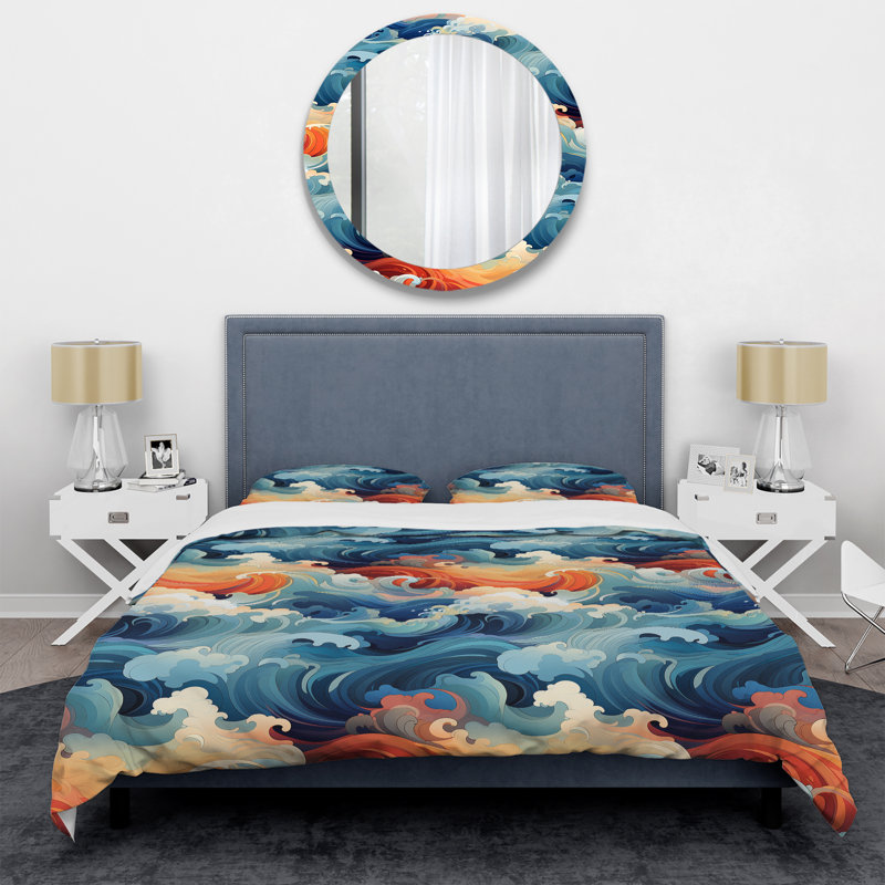 Ensemble de housse de couette Blue and Orange Swirling Harmony Waves I, Housse de couette pour grand lit et 2 taies décor