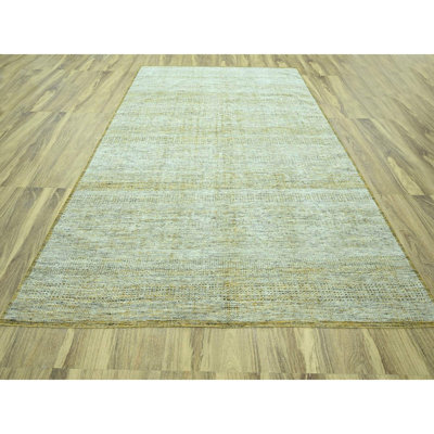 Tapis oriental jaune doré 9 pi 2 po x 12 pi avec ivoire, noué à la main, 100% laine, motif oxydé et patiné patiné
