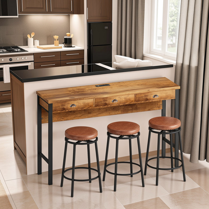 Yaneri Console Table and Stool Set, Bar Table With Stools Breakfast Bars, Brown