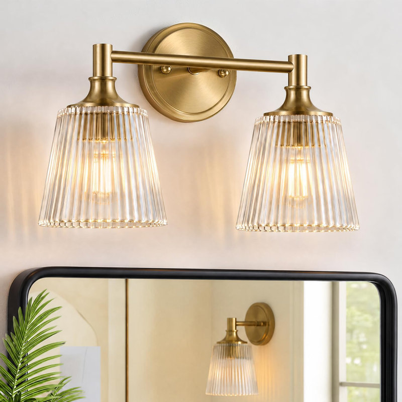 2 lumières de salle de bain dorées appliques murales de miroir de miroir abat-jour en verre nervuré 5 mm d'épaisseur rétro lumineux et chaleureux pour le miroir de la cuisine, du salon, du couloir, de l'armoire et du porche