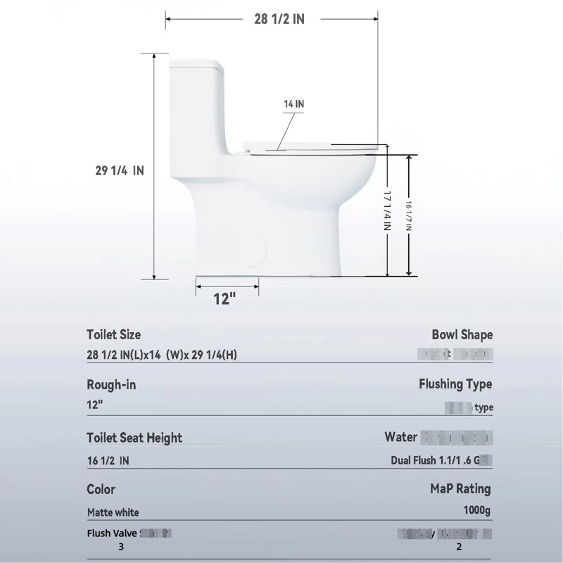 Toilette de 17 po de hauteur avec chasse d'eau tornade 1,1 / 1,6 po, siphonique 12 po, cuve sans rebord, siège noir mat à fermeture en douceur et technologie de chasse puissante double conformité, nettoyage en douceur de la cuve mat 360