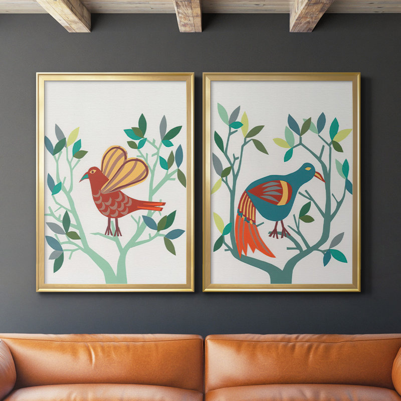Toile encadrée de qualité supérieure Whitty Bird I - prête à être accrochée, Or, H 41,25 po x l 61 po x P 1,25 po