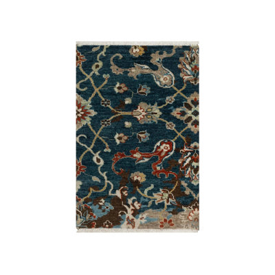 2'1"x3' Yale Blue, Broken Pattern with Oushak Design, 100% Wool, Hand Knotted, Mat, Sample, Oriental Rug