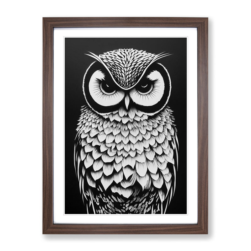 Owl Monochrome No.5 - Framed Print, 64cm H x 46cm W x 2cm D, Walnut