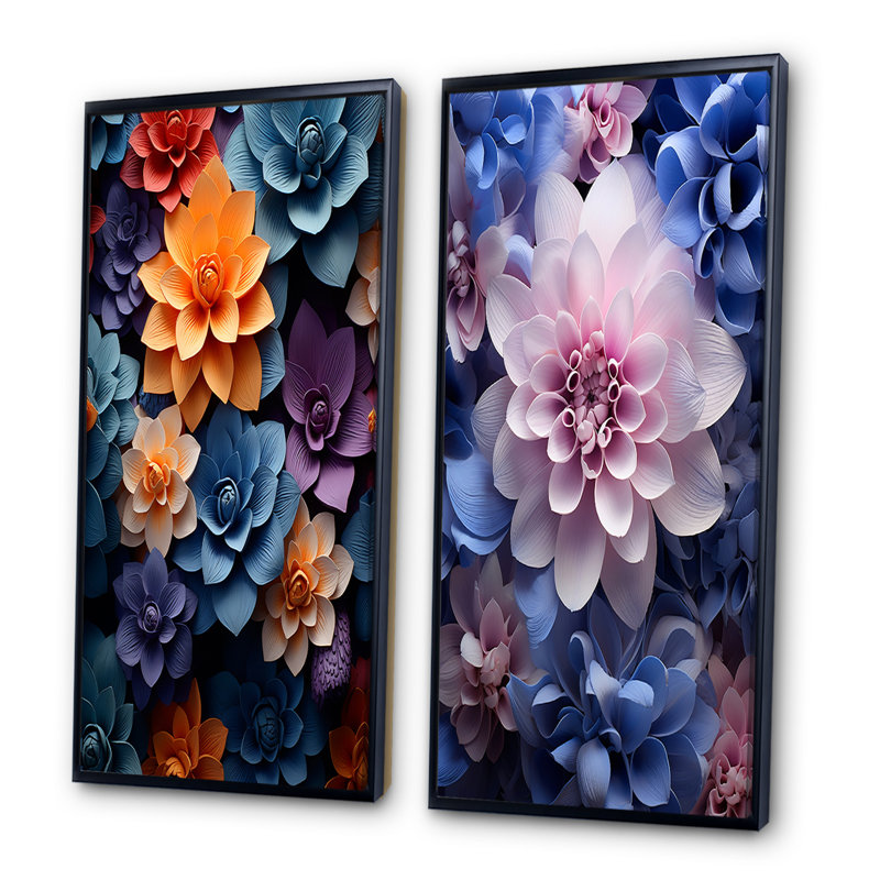 «Orange Blue Abstract Still Lifes», 2 pièces sur toile, H 32 po x l 32 po, Cadre noir