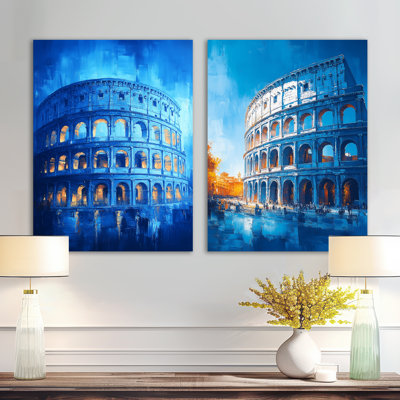 «Blue and White» Colosseum Architectural Marvel I - ensemble d'art mural en métal de Rome