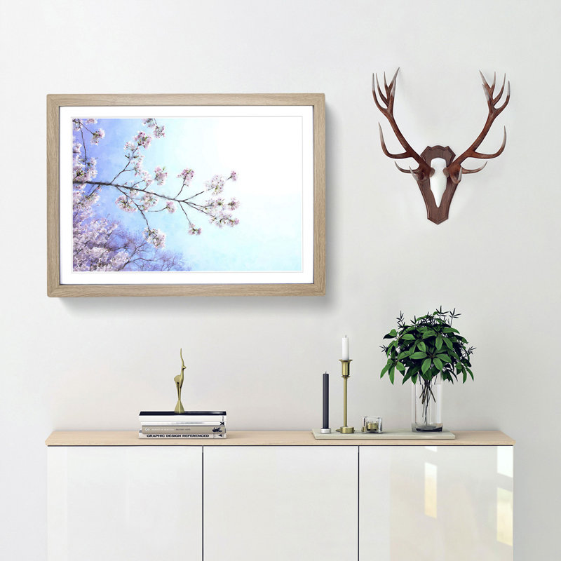 Pink Cherry Blossom Tree In Sunlight - Single Picture Frame Print on MDF, Oak, 45cm H x 63cm W x 2cm D