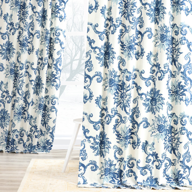 Althoff Floral Damask Printed Cotton Rod Pocket Room Darkening Curtains - Single Panel Drapes, 50"W x 120"L, Indonesian Blue