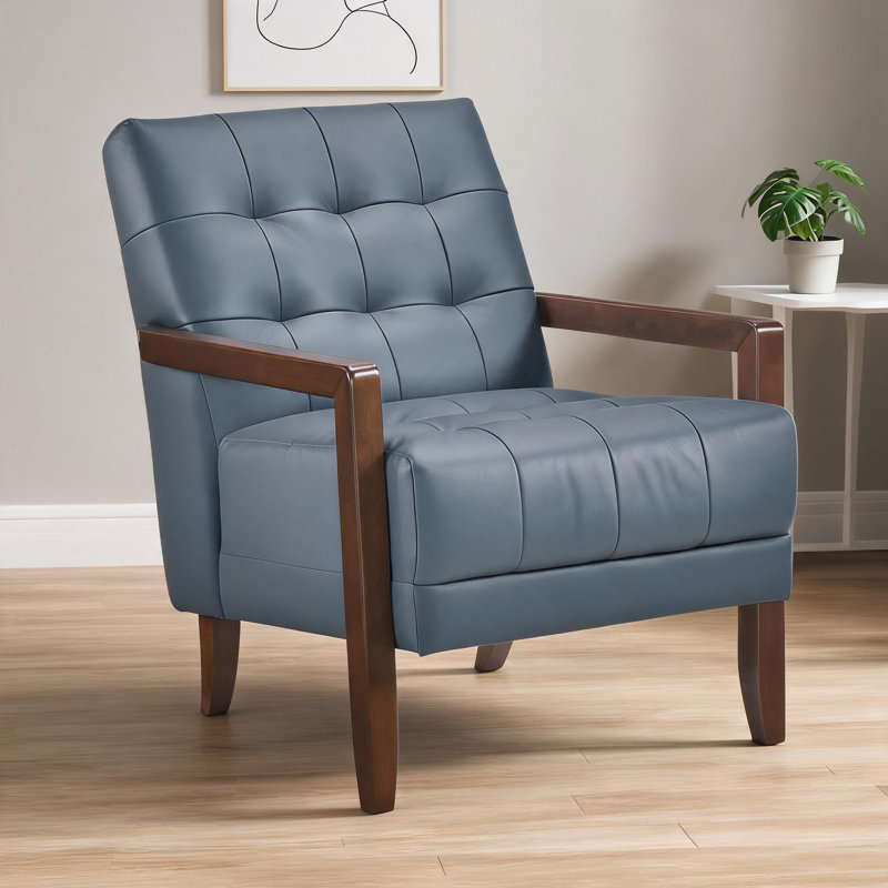 Fauteuil d'appoint pour salon en cuir riche capitonné à assise simple en noyer, Blue