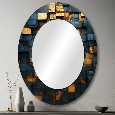 Grunge Gold Cubes Abstract Geometric V - Large Oval Wall Mirror On Metal