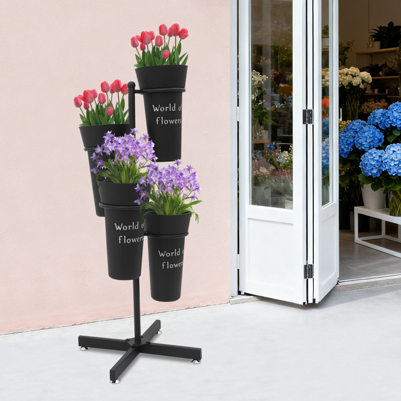 Présentoir à fleurs 44,8 x 14,5 po avec 4 seaux, Noir
