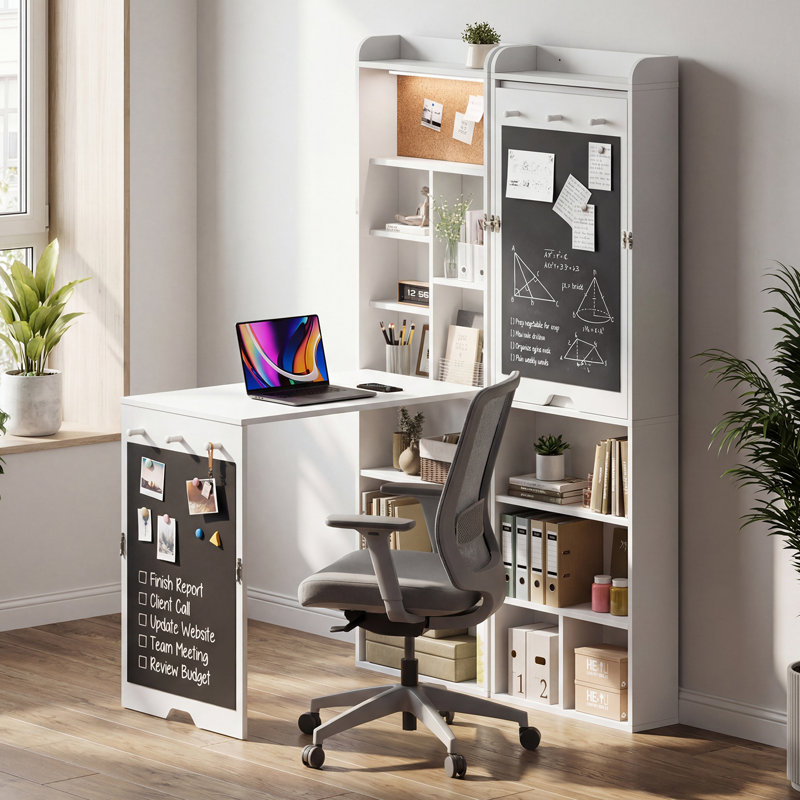 Wall Mounted Folding Desk with Storage, Chalkboard, Cork Board & Light – Space Saving Multi-Functional Home Office Desk