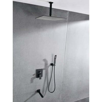 Ceiling Mounted Shower With Handheld & 16" Head - Brushed Nickel, Stainless Steel, Self-Cleaning Nozzle Maintains Clear Water Output, Natural Rainfall Shower, , Conforms To American Standard Pipe