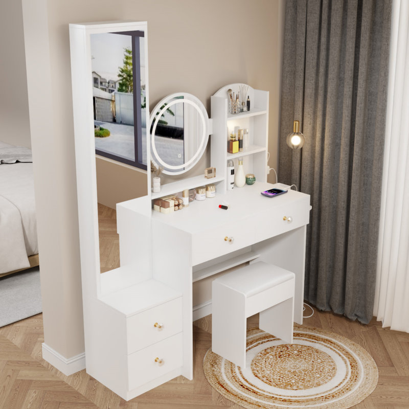 Armoire à miroir pleine grandeur + coiffeuse à miroir rond à DEL + tabouret rembourré, avec 2 centrales électriques + 2 centrales USB, miroir à DEL de 17 po de diamètre, commande tactile, 3 couleurs, luminosité réglable, grand bureau, coiffeuse d