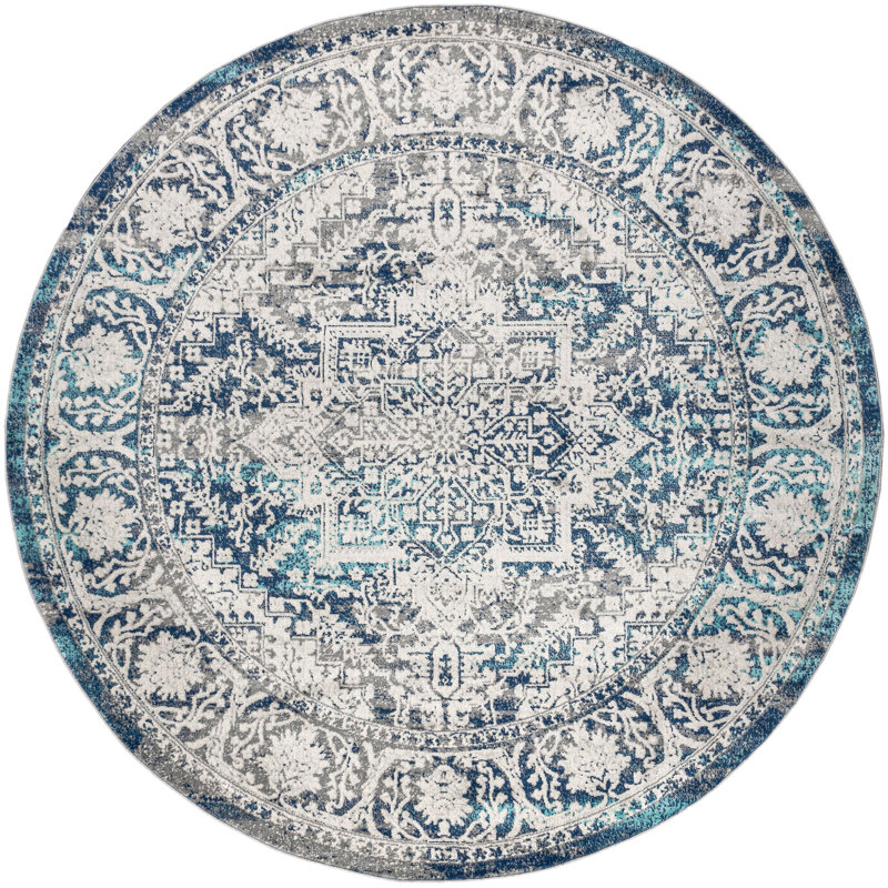 Tapis bleu marine / gris clair Modern, Rond 9 pi