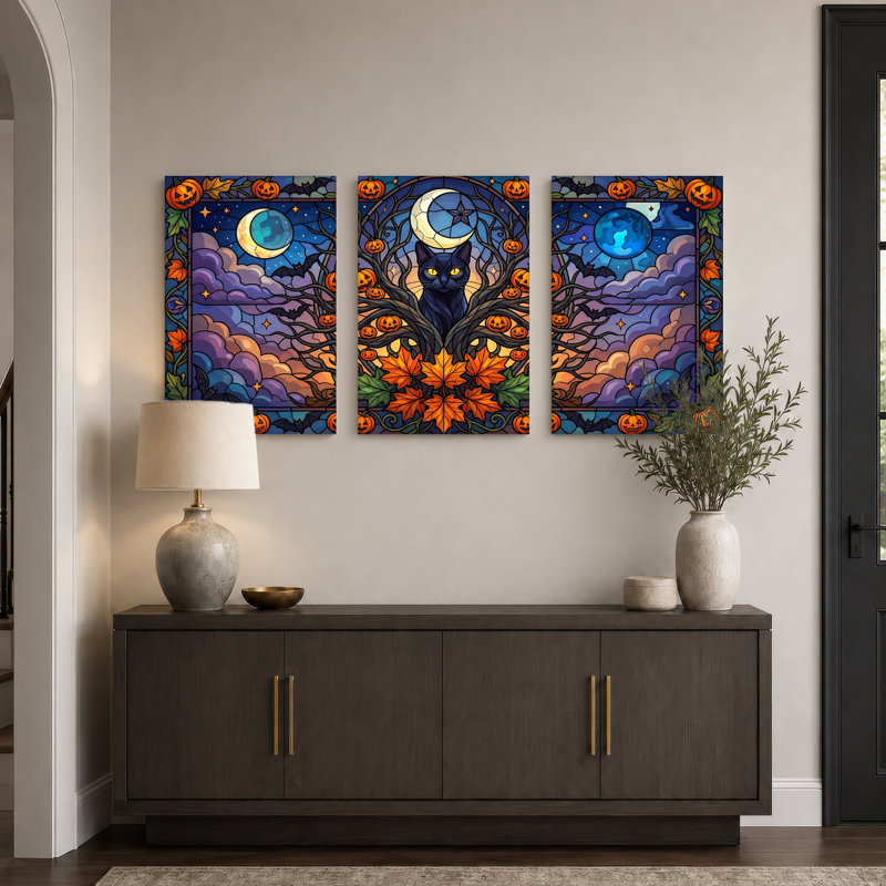 Chat noir dans un arbre en verre coloré avec art d'Halloween, ensemble de 3 toiles, H 30 po x l 20 po x 3 pièces