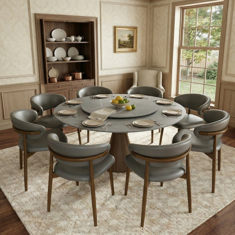Round Pedestal Swanigan 4/6/8 Seats Dark Walnut & Gray Set With Matte Sintered Stone Lazy Susan, 30"H x 59"L x 59"W, 9