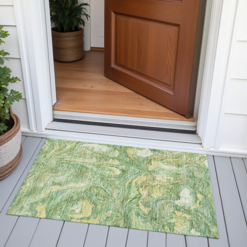 Machine Washable Indoor/Outdoor Xhevrie Green Rug, Rectangle 1'8" x 2'6"