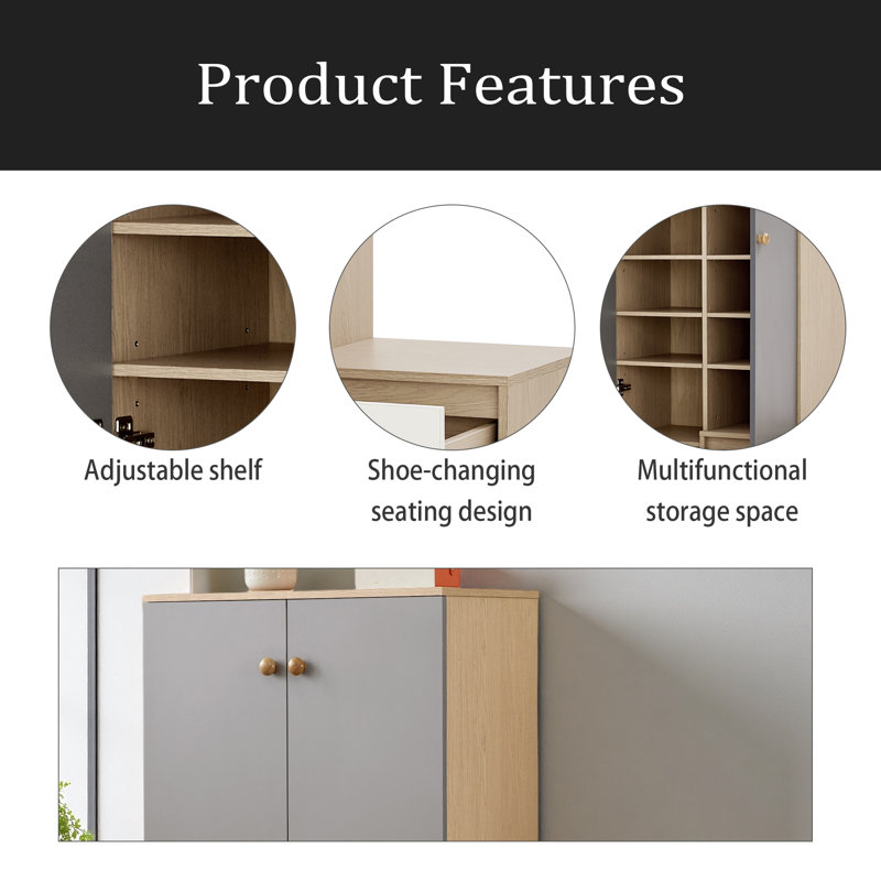 Banc et range-chaussures multifonctionnels, range-chaussures avec banc, tablettes réglables pour le couloir, le vestibule, blanc et gris
