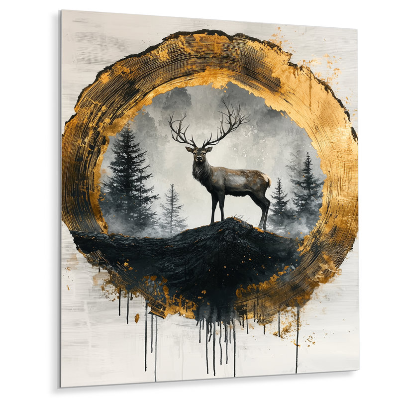 Golden Deer Landscape Grace In The Wild IV - cerf, décoration murale en métal, reproduction d'art moderne en métal