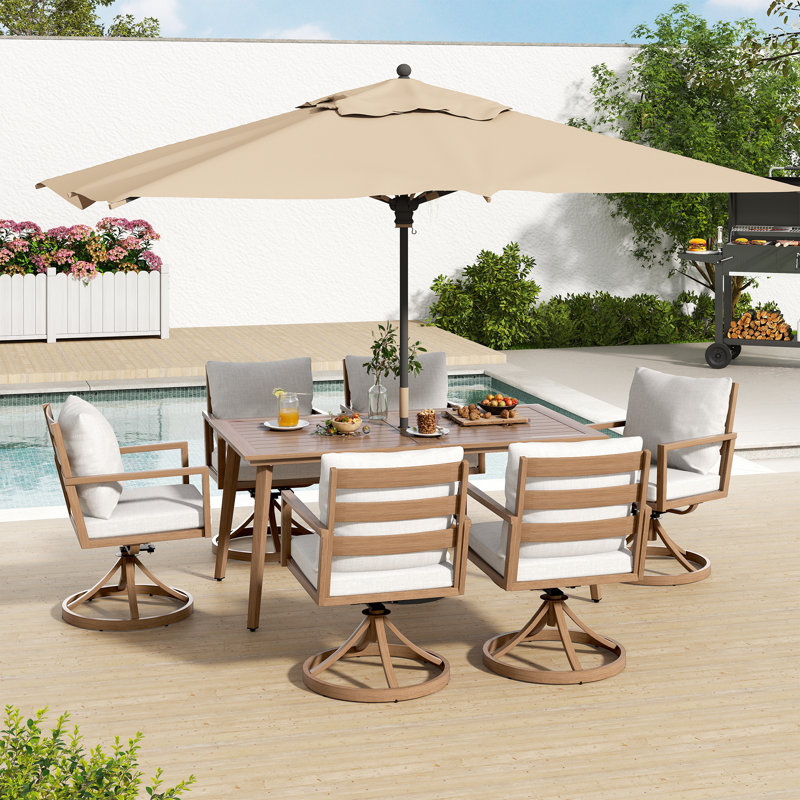 Michael 7-Piece Brown Aluminum Patio Dining Set With Rectangular Table, 6 Swivel Dining Chairs And Light Gray Cushions