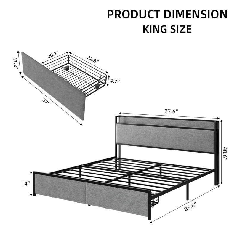 Structure de lit très grand avec rangement très grand lit, plateforme tapissier avec 2 tiroirs, tête de lit à tablette haute, station de charge (USB et prises), robuste, aucun sommier nécessaire - gris foncé