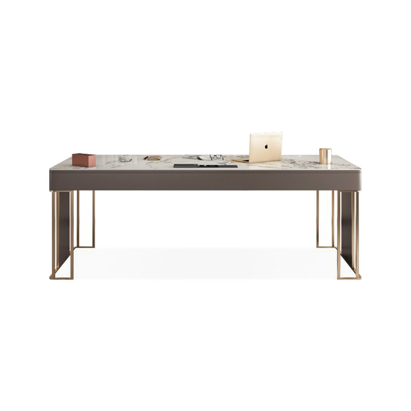 Bureau blanc à 3 tiroirs blanc + gris + pierre rectangulaire dorée + bois manufacturé + métal