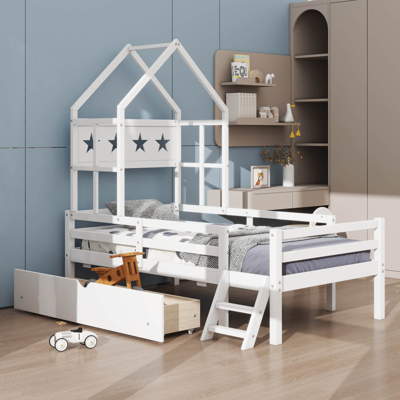 Twin-Size Wooden Platform Bed With Safety Guardrails And Integrated Drawers, White