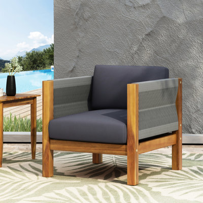 Chaise berçante élégante en bois avec accents tissés à la corde, revêtement en tissu, 28,81 po Coussin large de 26,44 po